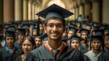 Happy indian male graduate against the background of university graduates. Generative Ai photo