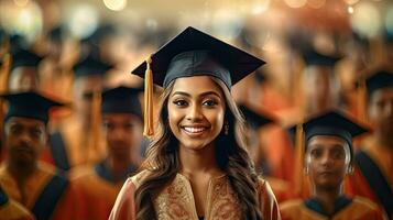 Happy indian female graduate against the background of university graduates.  Generative Ai photo