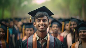 Happy indian male graduate against the background of university graduates. Generative Ai photo