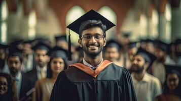 Happy indian male graduate against the background of university graduates. Generative Ai photo