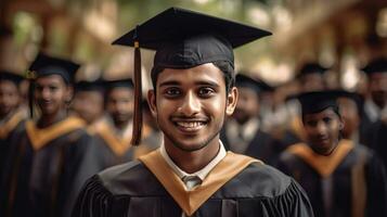 contento indio masculino graduado en contra el antecedentes de Universidad graduados generativo ai foto
