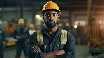 Industrial Black People Male Engineer Crossed Arms With Confidence in Hard Hat Wearing Safety Jacket, Through Heavy Industry Manufacturing Factory with Various Metalworking Processes. Generative Ai photo