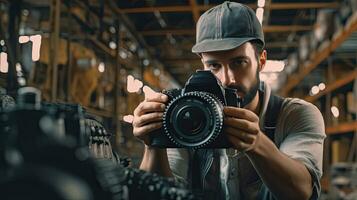 un fotógrafo tomando imágenes en industrial fábrica. generativo ai foto