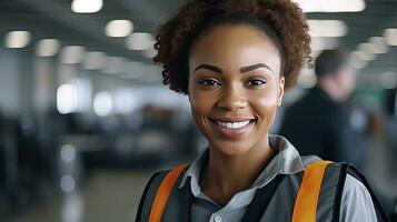 A Beautiful Smiling on Camera Black People Female Engineer in Safety Vest and Hardhat. Professional Black People Woman Working in the Modern Manufacturing Factory. Generative Ai photo