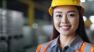 un hermosa sonriente en cámara asiático hembra ingeniero en la seguridad chaleco y casco de seguridad. profesional asiático mujer trabajando en el moderno fabricación fábrica. generativo ai foto