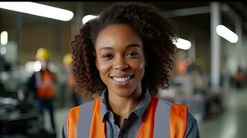 A Beautiful Smiling on Camera Black People Female Engineer in Safety Vest and Hardhat. Professional Black People Woman Working in the Modern Manufacturing Factory. Generative Ai photo