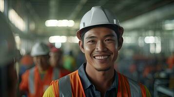 asiático masculino ingeniero en la seguridad chaleco y casco de seguridad. profesional asiático hombre trabajando en el moderno fabricación fábrica. generativo ai foto