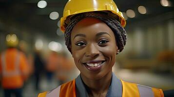 un hermosa sonriente en cámara negro personas hembra ingeniero en la seguridad chaleco y casco de seguridad. profesional negro personas mujer trabajando en el moderno fabricación fábrica. generativo ai foto