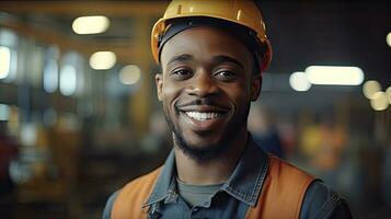 retrato de negro personas masculino ingeniero en la seguridad chaleco y casco de seguridad. profesional negro personas hombre trabajando en el moderno fabricación fábrica. generativo ai foto