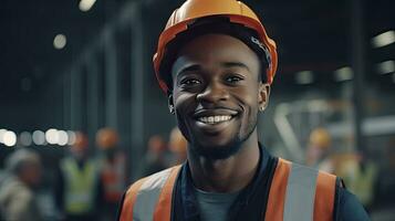 retrato de negro personas masculino ingeniero en la seguridad chaleco y casco de seguridad. profesional negro personas hombre trabajando en el moderno fabricación fábrica. generativo ai foto