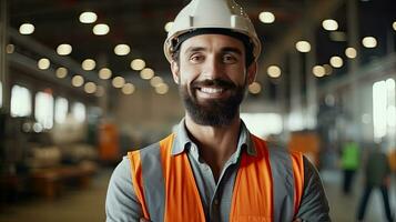 un masculino ingeniero en la seguridad chaleco y casco de seguridad. profesional hombre trabajando en el moderno fabricación fábrica. generativo ai foto