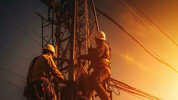 Workers wearing fall safety suits installing cables on high voltage pylons. Generative Ai photo