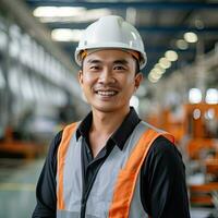 asiático masculino ingeniero en la seguridad chaleco y casco de seguridad. profesional asiático hombre trabajando en el moderno fabricación fábrica. generativo ai foto