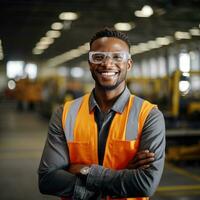 retrato de negro personas masculino ingeniero en la seguridad chaleco y casco de seguridad. profesional negro personas hombre trabajando en el moderno fabricación fábrica. generativo ai foto