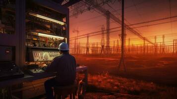 An electrical engineer checking position using notebook computer at power station for planning work. production of high voltage electric poles. Generative Ai photo