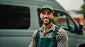 A smiling male delivery worker in front of his van. Transport. Generative Ai photo