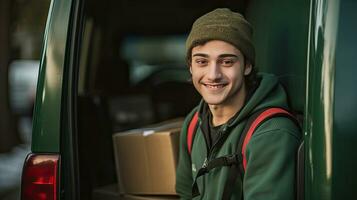 un sonriente masculino entrega trabajador en frente de su camioneta. transporte. generativo ai foto