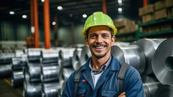retrato de sonriente ingeniero con rollos de galvanizado acero sábana dentro el fábrica o depósito. generativo ai foto