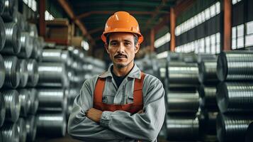 retrato de trabajador con rollos de galvanizado acero sábana dentro el fábrica o depósito. generativo ai foto