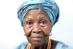 africano americano antiguo dama retrato, hermosa africano americano antiguo dama mujer con limpiar Fresco piel en blanco fondo, cara cuidado, facial tratamiento, cosmetología, belleza y spa. generativo ai foto