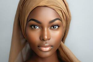 africano americano retrato, hermosa joven africano americano mujer con limpiar Fresco piel en blanco fondo, cara cuidado, facial tratamiento, cosmetología, belleza y spa. generativo ai foto