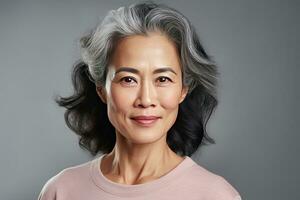 Asian beautiful gorgeous 50s mid aged mature woman looking at camera isolated on white. Mature old lady close up portrait. Healthy face skin care beauty. Generative Ai photo