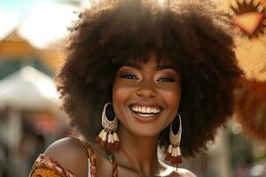 Beautiful african american girl with an afro hairstyle smiling. Generative Ai photo