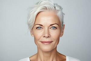 Beautiful gorgeous 50s mid aged mature woman looking at camera isolated on white. Mature old lady close up portrait. Healthy face skin care beauty, middle age skincare cosmetics. Generative Ai photo