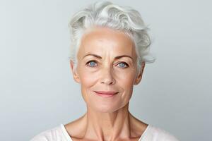 Beautiful gorgeous 50s mid aged mature woman looking at camera isolated on white. Mature old lady close up portrait. Healthy face skin care beauty, middle age skincare cosmetics. Generative Ai photo