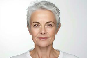 Beautiful gorgeous 50s mid aged mature woman looking at camera isolated on white. Mature old lady close up portrait. Healthy face skin care beauty, middle age skincare cosmetics. Generative Ai photo