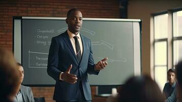 A Black people male business coach speaker in suit give flipchart presentation. Training. Generative Ai photo