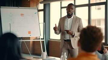 A Black people male business coach speaker in suit give flipchart presentation. Training. Generative Ai photo