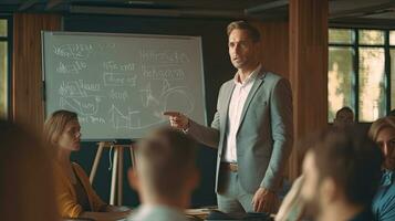 A Male business coach speaker in suit give flipchart presentation. Training. Generative Ai photo