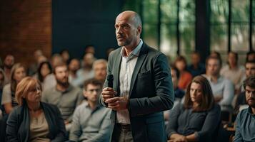 A male speaker giving presentation in hall at university workshop. Audience or conference hall. Training. Generative Ai photo