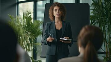 Asian female business coach speaker in suit give flipchart presentation. Training. Generative Ai photo