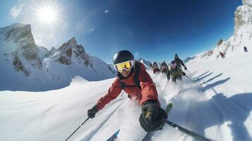 grupo de amigos esquiar en alto montañas. esquiar. generativo ai foto