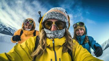 Selfie of friends skiing in high mountains. Generative Ai photo