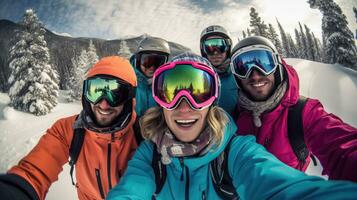 Selfie of friends skiing in high mountains. Generative Ai photo