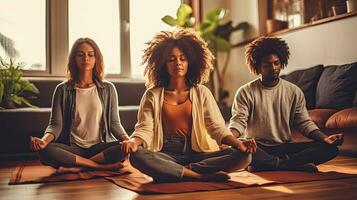 Young people do yoga at home with eyes closed, relaxing body and mind sitting on floor in living room. Mental health and meditation for no stress. Generative Ai photo