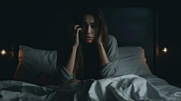 Deprimido mujer sentado cabeza en manos en el cama en el oscuro dormitorio, solitario y infeliz concepto. generativo ai foto