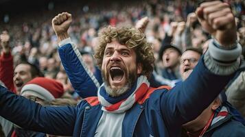 French fan, Celebrating the success. Supporters cheer in bleacher in French rugby match 2023. Generative Ai photo