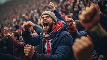 French fan, Celebrating the success. Supporters cheer in bleacher in French rugby match 2023. Generative Ai photo