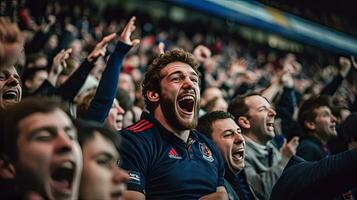 francés admirador, celebrando el éxito. partidarios animar en blanqueador en francés rugby partido 2023. generativo ai foto