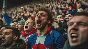 French fan, emotions overwhelm. Supporters cheer in bleacher. Generative Ai photo