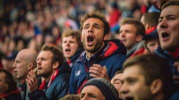 French fan, emotions overwhelm. Supporters cheer in bleacher. Generative Ai photo