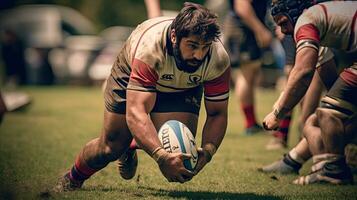 rugby jugador en posesión de el pelota y intentando a avance. generativo ai foto