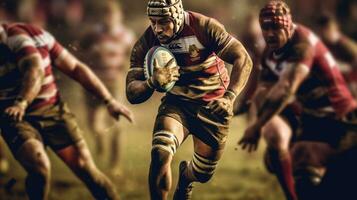 rugby jugador en posesión de el pelota y intentando a avance. generativo ai foto