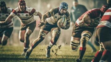 rugby jugador en posesión de el pelota y intentando a avance. generativo ai foto