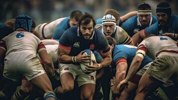 rugby jugador en posesión de el pelota y intentando a avance. generativo ai foto