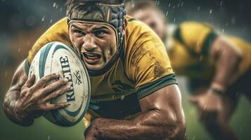 rugby jugador en posesión de el pelota y intentando a avance. generativo ai foto